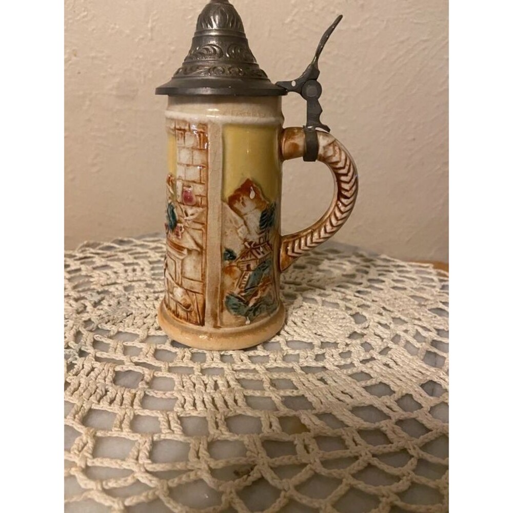 Vintage German-Style Relief 6" Beer Stein with Pewter Lid (Mid-Century)